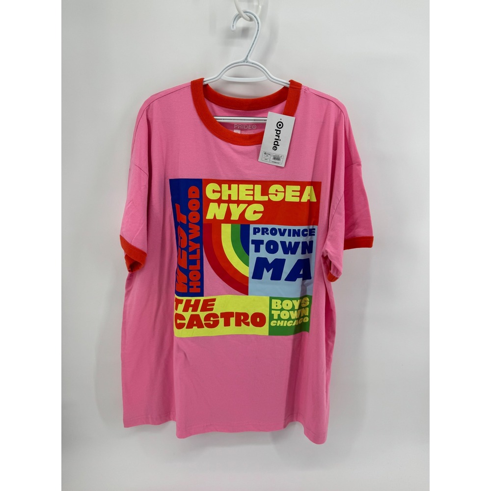 Pride Target Graphic Ringer T-Shirt Pink Orange LGBTQ Neighborhoods 1X NEW